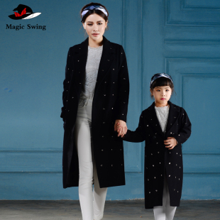 魔法摇摆亲子装2015冬装 韩版长款 亲子大衣毛呢 时尚铆钉母女装
