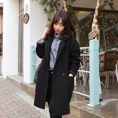 2015冬季韩国东大门长袖 加厚黑色毛呢外套女中长款茧型大衣P125