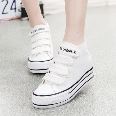 2015春夏魔术贴帆布鞋女韩版学生内增高休闲鞋白色厚底松糕鞋板鞋