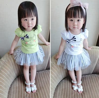 夏季0-4岁女宝宝短袖t恤+短裙女童两件套 猫咪印花条纹短裙套装