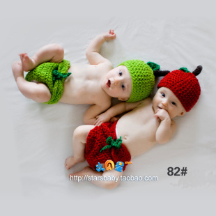 新生儿宝宝满月百天照摄影服装道具双胞胎水果卡通造型套装毛线衣