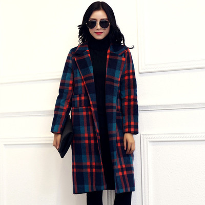 韩国2015秋冬高端气质中长款羊毛格子学院风呢大衣女宽松呢子外套