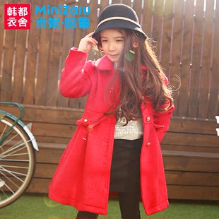 韩都衣舍童装2015新款女童秋冬装外套红色宝宝呢大衣韩版儿童外套