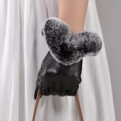高端手套獭兔毛口真皮手套 女 冬季保暖 内里加绒加厚 进口山羊皮