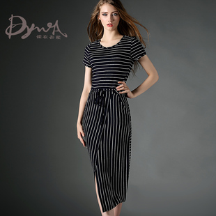 DYWA 2015夏季新款气质条纹弹力针织薄棉开叉修身长裙显瘦连衣裙