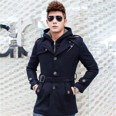 冬季韩版中青年男士立领羊毛呢大衣中长款修身休闲西装版加厚外套