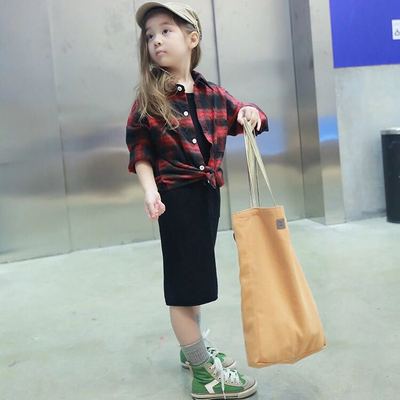 2016秋季新款童装 时尚韩版中小童女童 格子衬衫+打底连衣裙套装