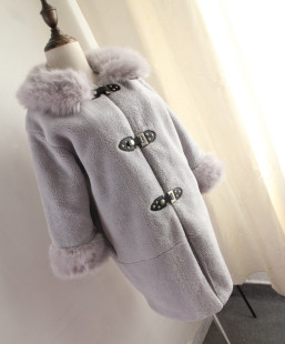 2015冬季新款韩版羊羔毛拼接毛领单排扣皮扣修身中长款棉衣棉服