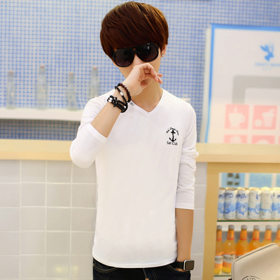 2015男士长袖T恤秋季新款韩版修身印花打底衫日系青年V领纯棉衬衫