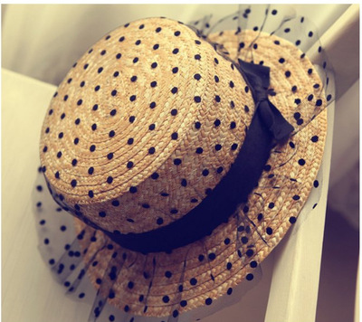 韩版潮夏季帽子可爱新款圆顶女士麦秆遮阳草帽点点蕾丝网纱平沿帽