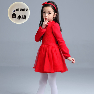 韩版过年加绒加厚长袖连衣裙女童冬季儿童装不倒绒大红色蛋糕裙子