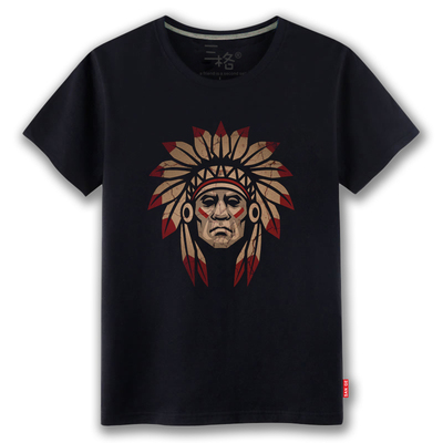 夏季潮流复古印第安人酋长头像印花纯棉圆领修身男版T恤短袖上衣