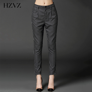 HZVZ欧美简约2015秋季新品女装修身条纹直筒小脚铅笔休闲裤长裤子