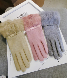 2016韩版新款 可触屏五指羊绒大毛片加厚手套可爱保暖手套潮流女