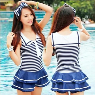 韩国热卖蓝白条纹连体裙式海军风少女学生校服款可爱保守游泳衣
