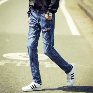 男装秋季新款多口袋个性牛仔裤潮流时尚水洗蓝小脚弹力拼接牛仔裤