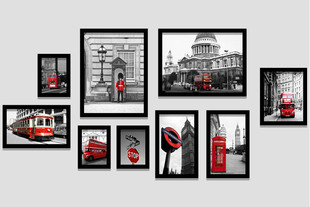 欧洲风情英伦街景装饰画红与黑巴士电话亭餐厅客厅酒吧照片墙壁画