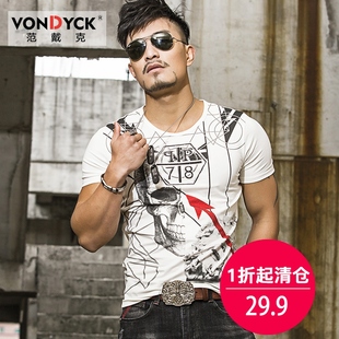 VONDYCK/范戴克新款个性潮男短袖T恤男士修身时尚骷髅头半袖花T恤