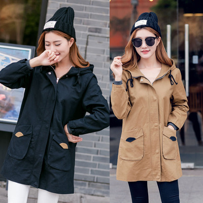 2016秋季韩版新款双口袋连帽撞色中长款拼布长袖大码宽松女装外套