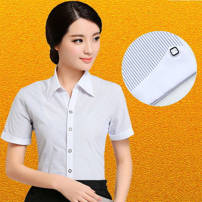 夏季白衬衫女短袖韩版修身正装职业工装条纹衬衣OL通勤工作服大码