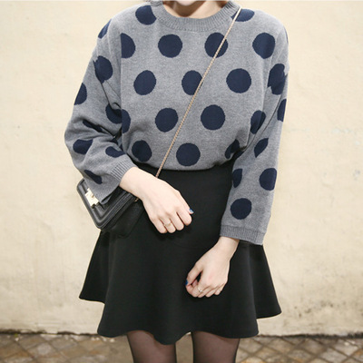 韩版女秋冬新款长袖斑点圆领针织毛衣加大摆半身黑色短裙套装包邮