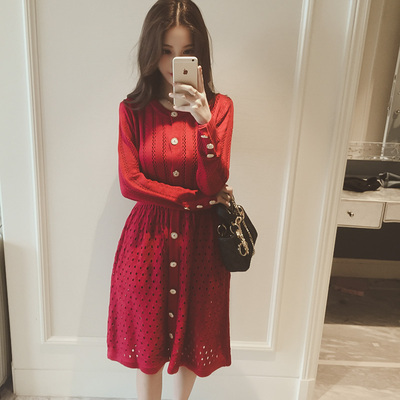 韩国欧时力代购公司Ocnltiy 秋季新款性感显瘦圆领针织长袖连衣裙