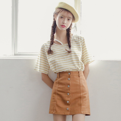 七年级 2016夏装新款韩版女装休闲时尚条纹短袖T恤A字短裙套装