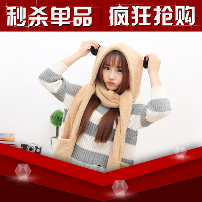 新款韩版冬季女士围巾帽子手套一体可爱双层毛绒加厚保暖三件套女