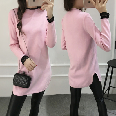 2015秋冬新款韩版蕾丝拼接粉色中长款显瘦套头针织衫毛衣女
