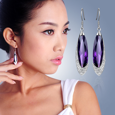 银雪莲娜 S925银长款耳坠镶仿紫水晶 时尚韩国气质耳环饰品防过敏