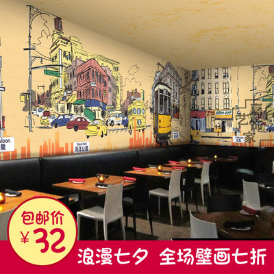 复古 涂鸦 壁纸复古餐厅水煮美食甜品店建筑主题墙纸大型壁画