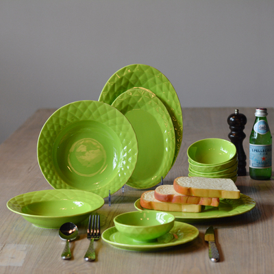 大千家居饰品 碗盘碟12件套绿色陶瓷餐具套装 厨房餐桌微波炉适用