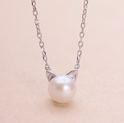 S925纯银项链小猫珍珠锁骨链时尚潮韩版女项链送闺蜜生日节日礼物