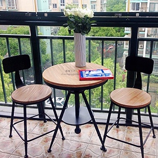 特价 美式乡村铁艺咖啡桌椅复古可升降实木圆桌奶茶休闲桌椅套件