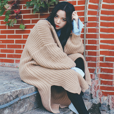 2016冬季新款宽松大码纯色镂空毛线针织开衫韩版中长款毛衣外套女