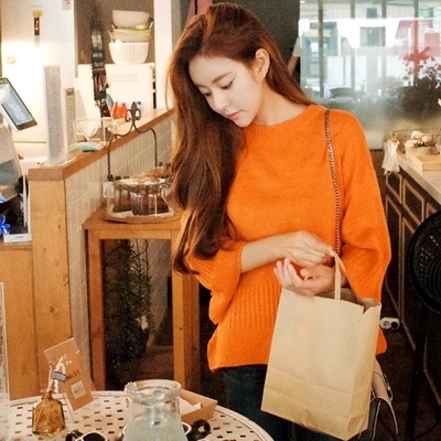2015韩国新款暖秋名媛气质开叉喇叭袖针织衫圆领橙色淑女毛衣上衣
