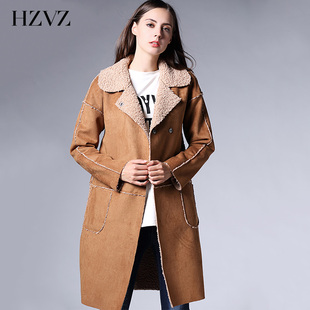 HZVZ欧美简约2015冬新品中长款麂皮绒羊羔毛鹿皮绒毛呢外套女风衣