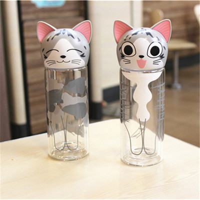 包邮起司猫双层玻璃杯 创意可爱猫头透明水杯子卡通动物耐热防漏