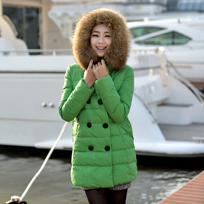 2014韩版新款特大码大毛领双排扣羽绒服女中长款加厚外套200斤潮