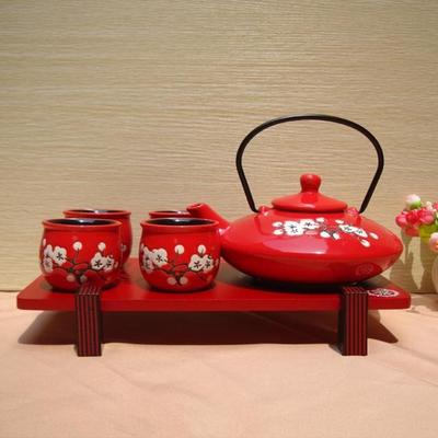 日式和风陶瓷功夫茶具红整套敬茶壶杯套装结婚礼物喜庆特价 包邮