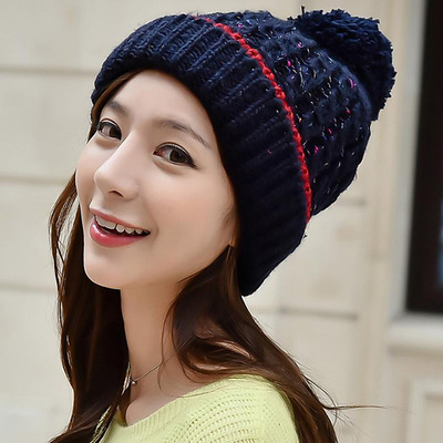 女士帽子韩国版毛线帽冬季可爱时尚大毛球加绒加厚保暖护耳针织帽