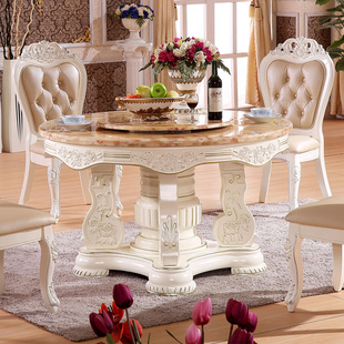 全实木雕花欧式圆桌餐台美式天然大理石餐桌饭桌餐厅别墅家具