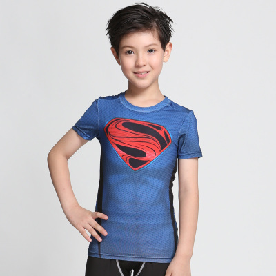 新超人健身紧身衣男女儿童钢铁侠美国队长运动短袖速干训练服T恤