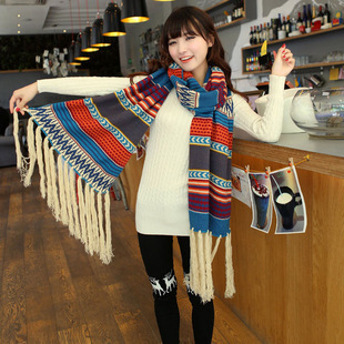 大学生秋冬季民族风毛线披肩围巾波西米亚女式韩版长方形白领围巾