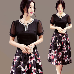 2016夏季新款女装欧根纱中长款连衣裙 韩版修身显瘦两件套长裙子