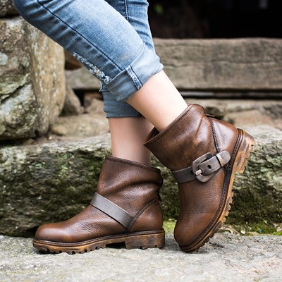 天妮格秋新款原创个性做旧手工鞋真皮女靴复古骑士靴牛皮短靴踝靴