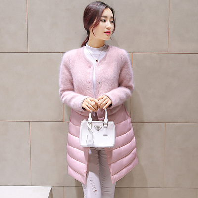 2015冬装新款女韩版时尚修身显瘦纯色大衣貂绒拼接中长款羽绒棉服