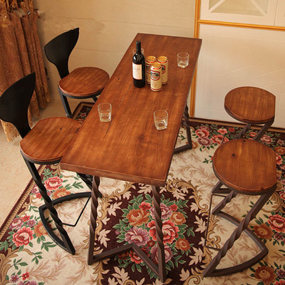 新款铁艺吧台椅实木酒吧高脚凳椅美式咖啡厅椅复古做旧高脚桌椅