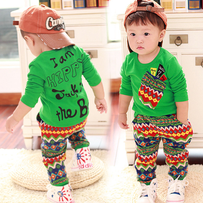 男童春秋套装 0-4岁小童绿色民族风长袖体恤长裤正品 宝宝两件套