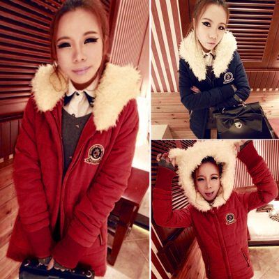 冬季新款韩版女装可爱毛毛兔耳朵连帽保暖中长款棉衣棉服外套